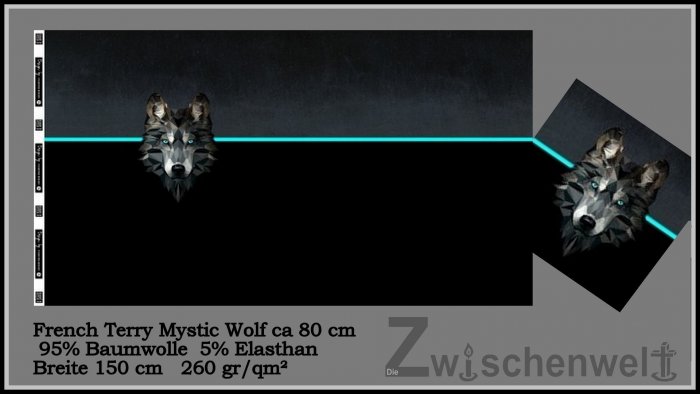 French Terry Panel Mystic Wolf türkis schwarz